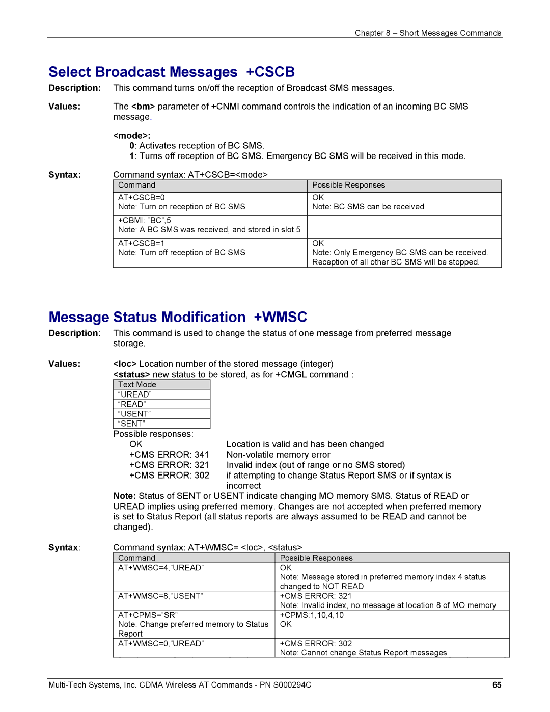 Multi-Tech Systems CDMA Wireless Modem manual Select Broadcast Messages +CSCB, Message Status Modification +WMSC 