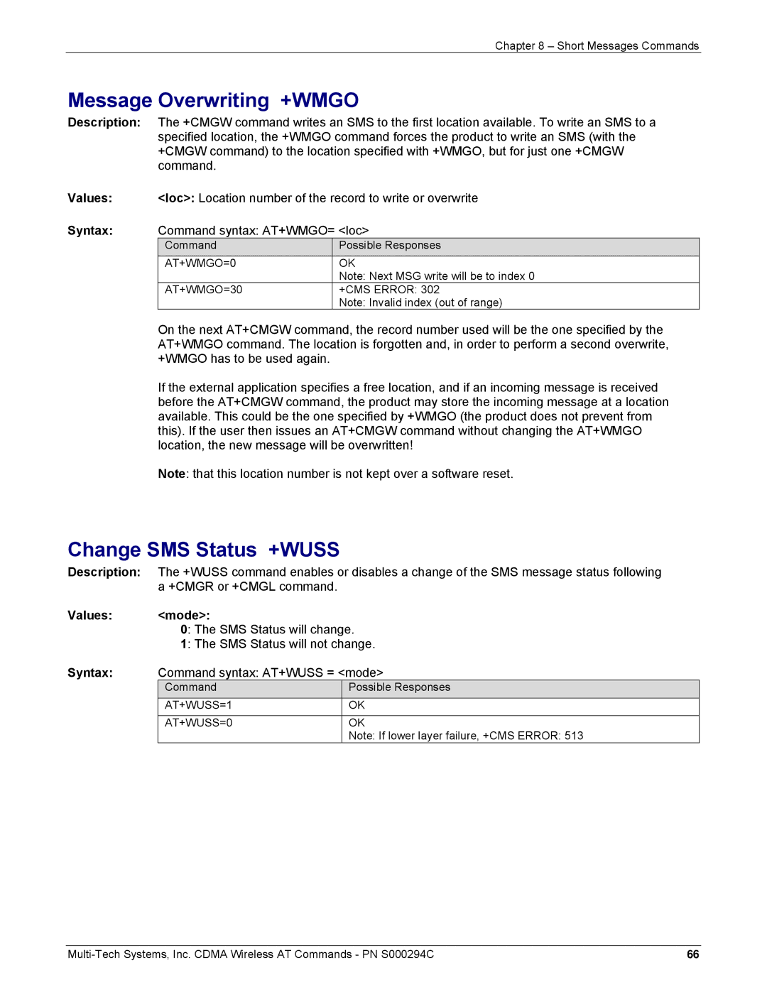 Multi-Tech Systems CDMA Wireless Modem manual Message Overwriting +WMGO, Change SMS Status +WUSS 