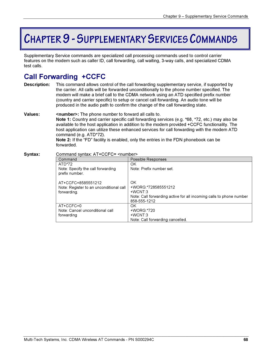 Multi-Tech Systems CDMA Wireless Modem Call Forwarding +CCFC, Number The phone number to forward all calls to, AT+CCFC=0 