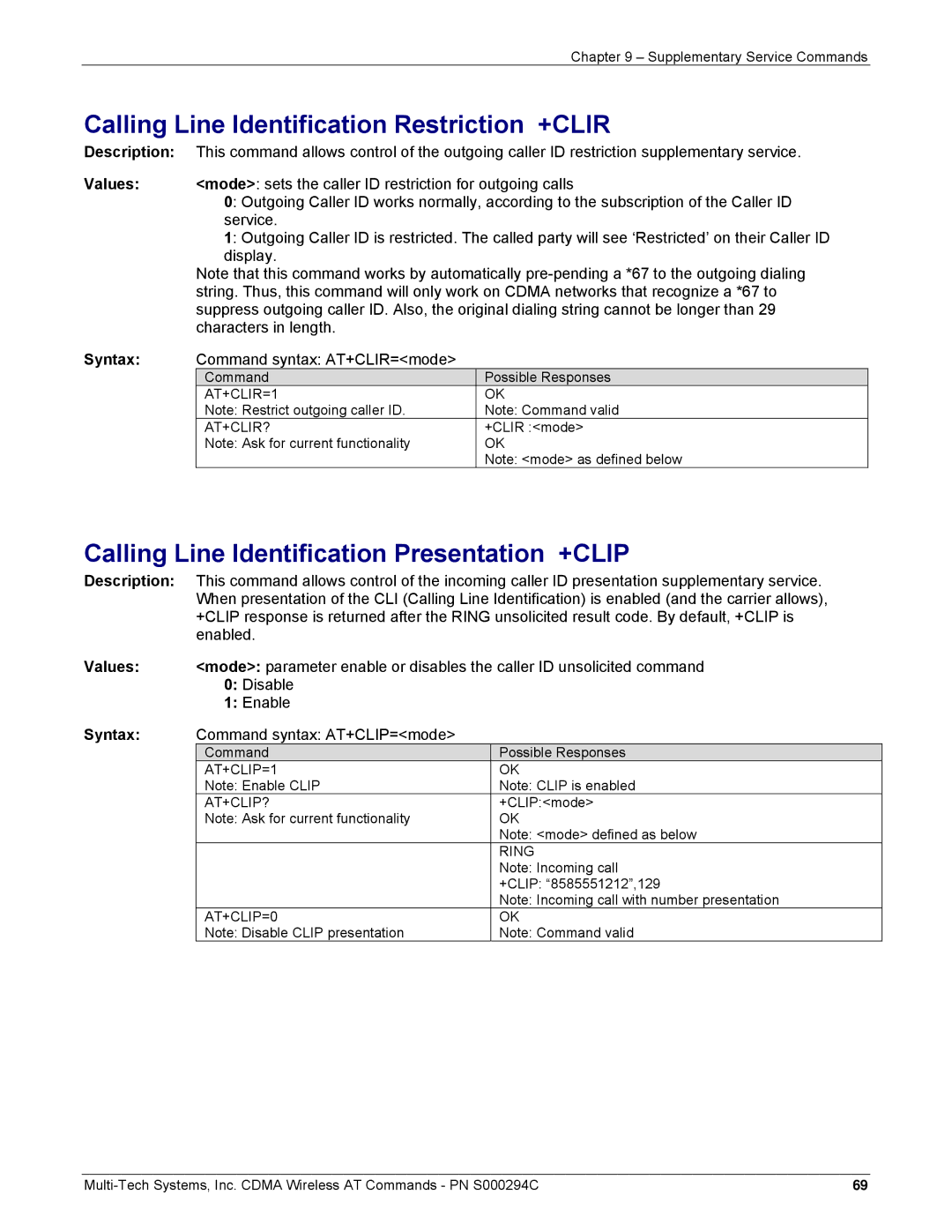 Multi-Tech Systems CDMA Wireless Modem manual Calling Line Identification Restriction +CLIR 