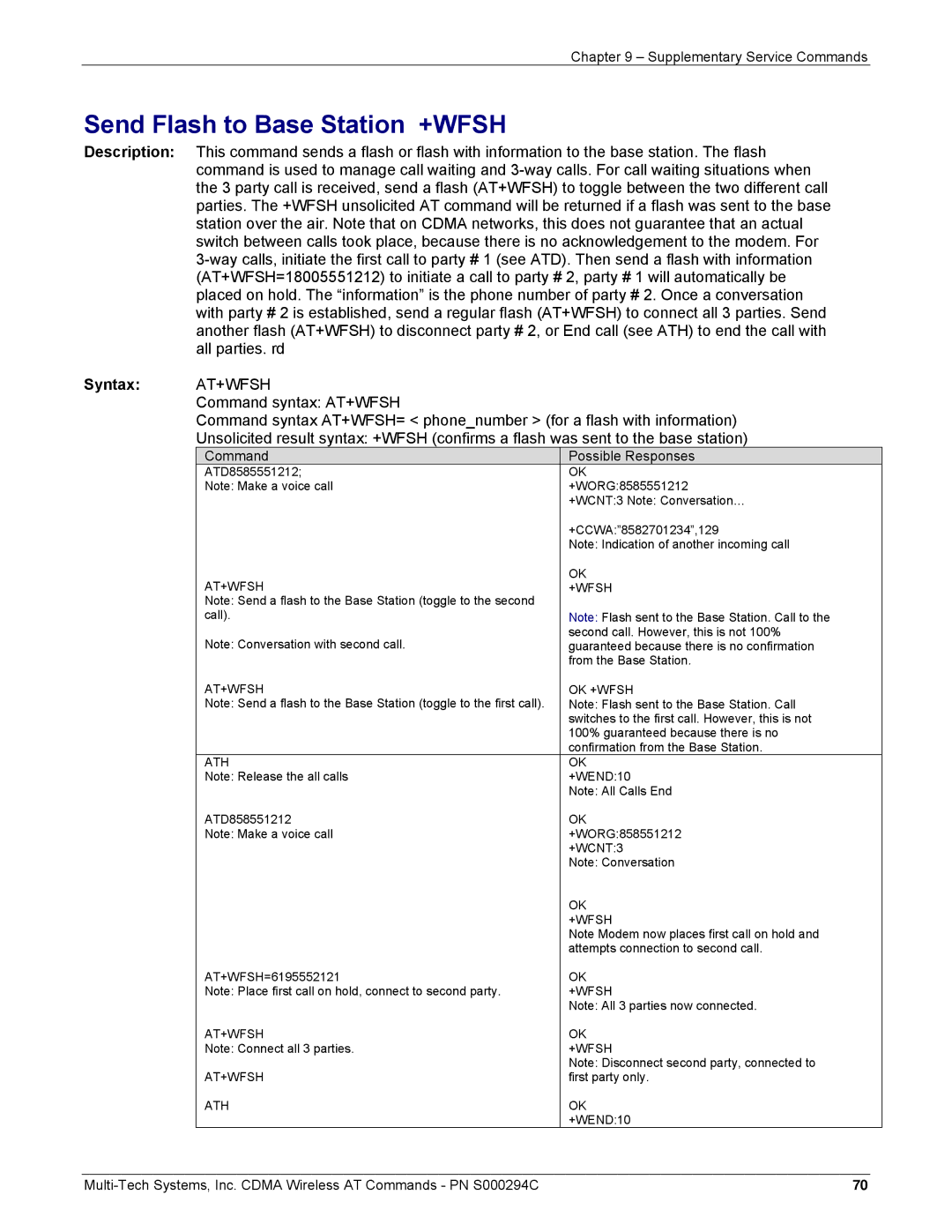 Multi-Tech Systems CDMA Wireless Modem manual Send Flash to Base Station +WFSH, At+Wfsh 