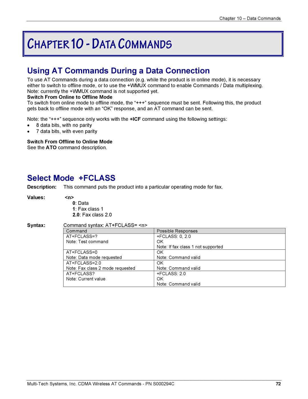 Multi-Tech Systems CDMA Wireless Modem manual Using AT Commands During a Data Connection, Select Mode +FCLASS 