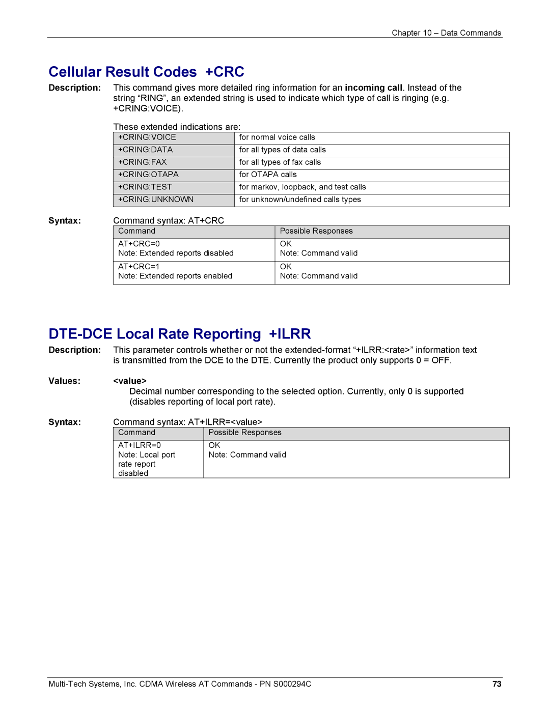 Multi-Tech Systems CDMA Wireless Modem manual Cellular Result Codes +CRC, DTE-DCE Local Rate Reporting +ILRR 