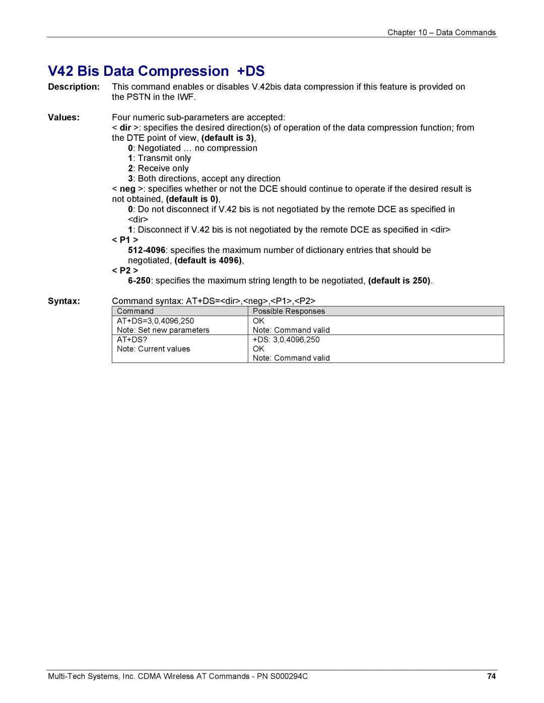 Multi-Tech Systems CDMA Wireless Modem manual V42 Bis Data Compression +DS, Command syntax AT+DS=dir,neg,P1,P2, At+Ds? 