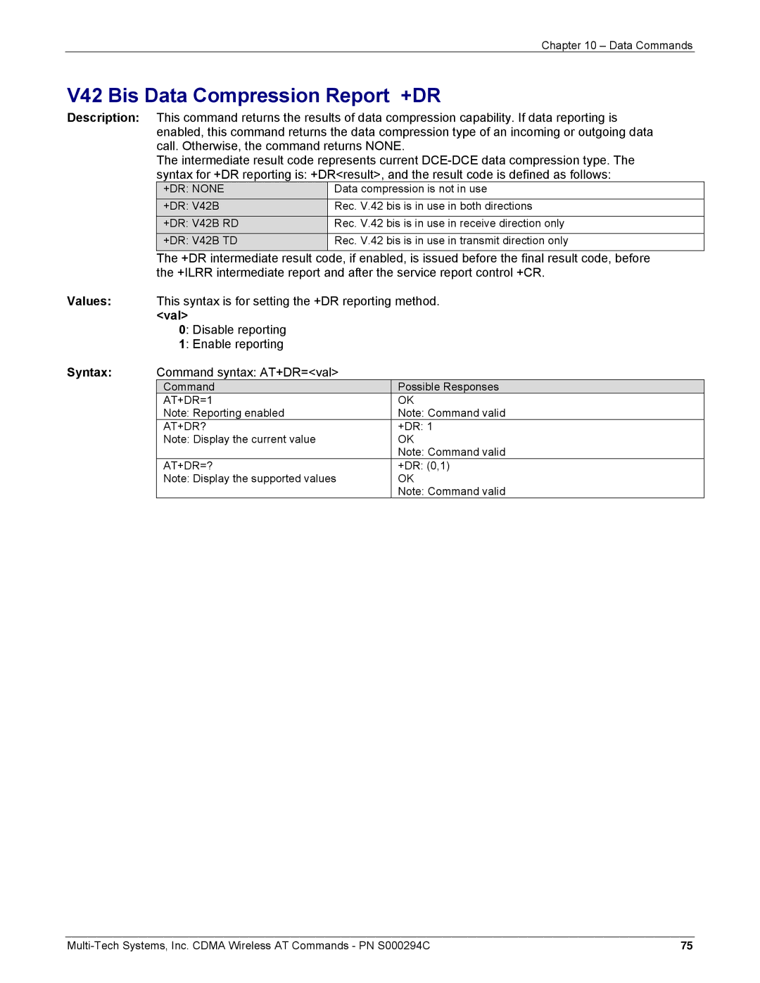 Multi-Tech Systems CDMA Wireless Modem manual V42 Bis Data Compression Report +DR, Val, Disable reporting Enable reporting 