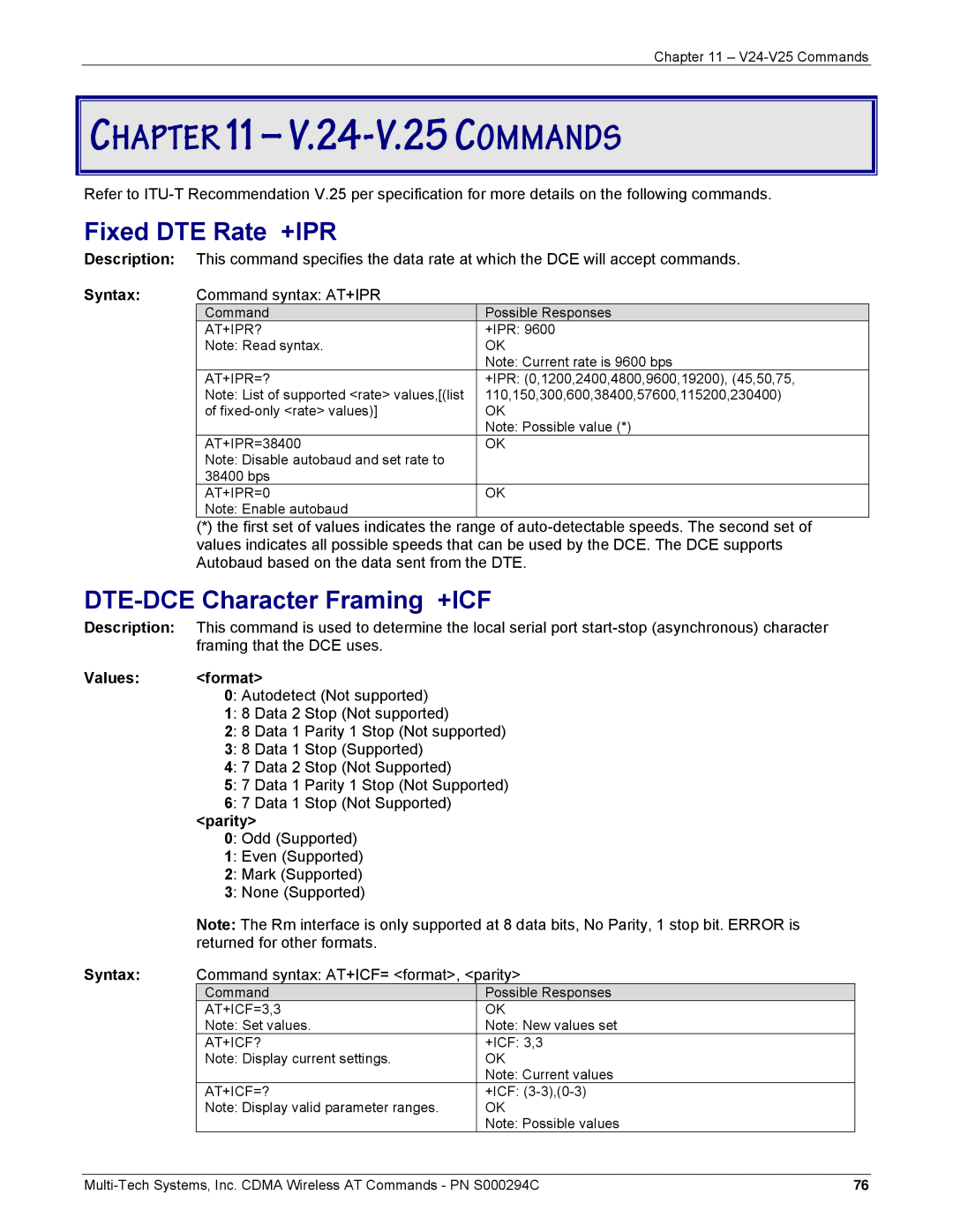 Multi-Tech Systems CDMA Wireless Modem manual Fixed DTE Rate +IPR, DTE-DCE Character Framing +ICF, Values Format, Parity 