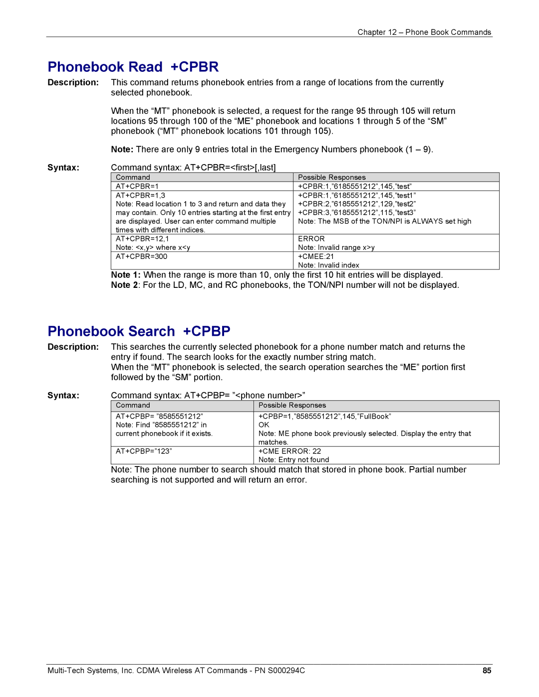 Multi-Tech Systems CDMA Wireless Modem Phonebook Read +CPBR, Phonebook Search +CPBP, Command syntax AT+CPBR=first,last 