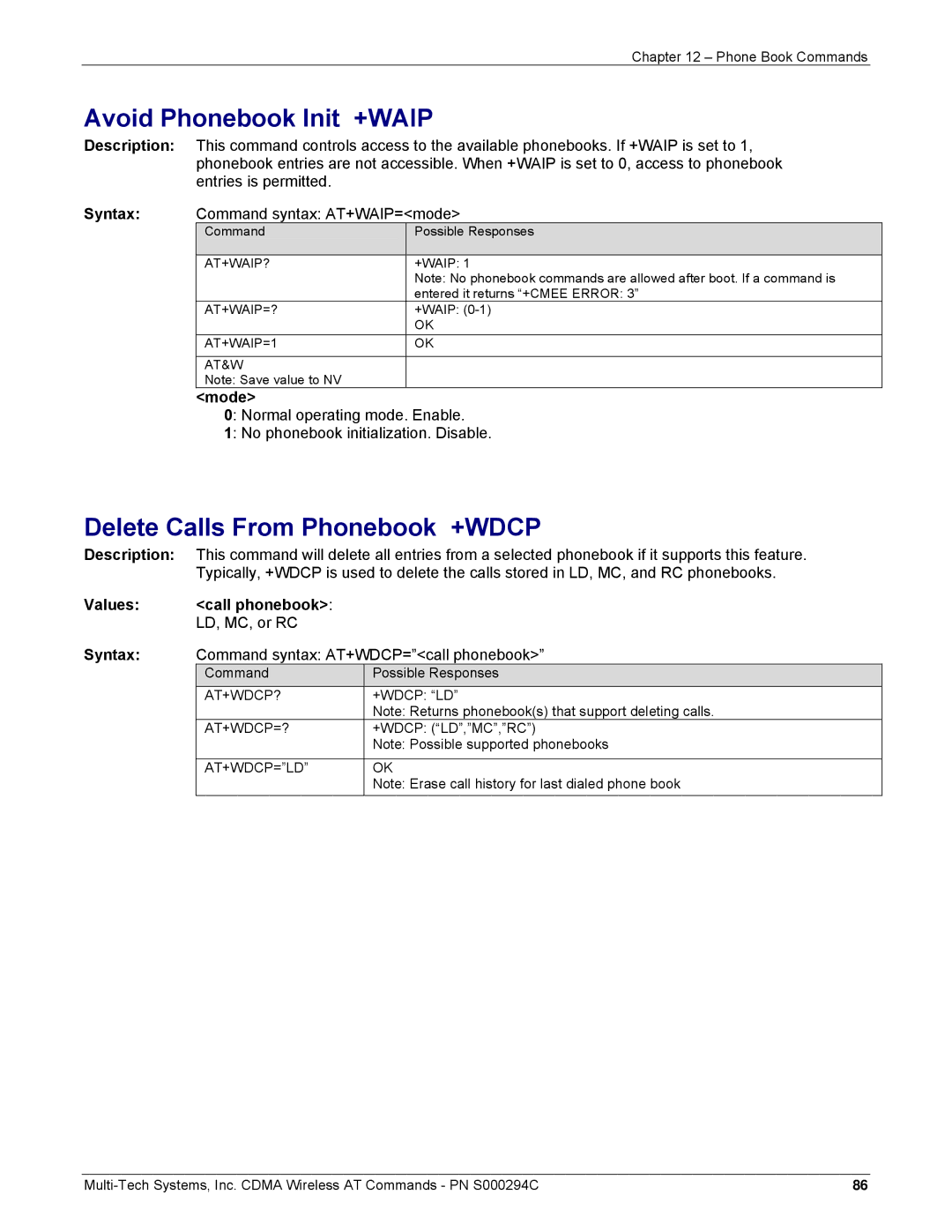 Multi-Tech Systems CDMA Wireless Modem manual Avoid Phonebook Init +WAIP, Delete Calls From Phonebook +WDCP 