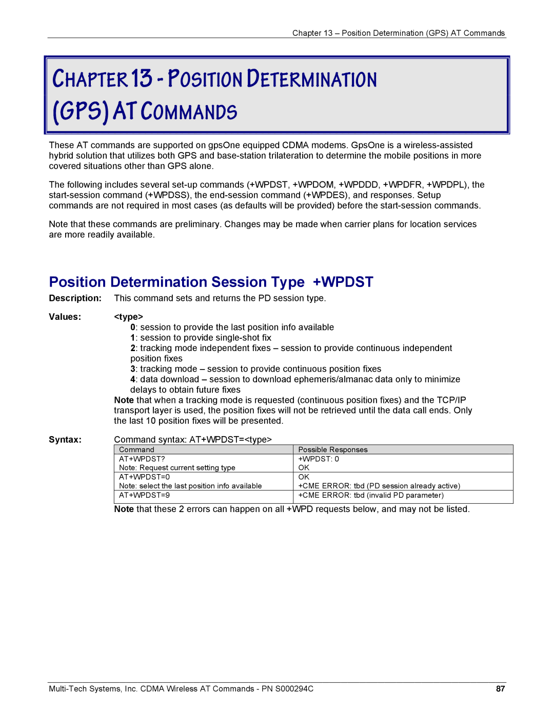 Multi-Tech Systems CDMA Wireless Modem manual Position Determination Session Type +WPDST, Command syntax AT+WPDST=type 