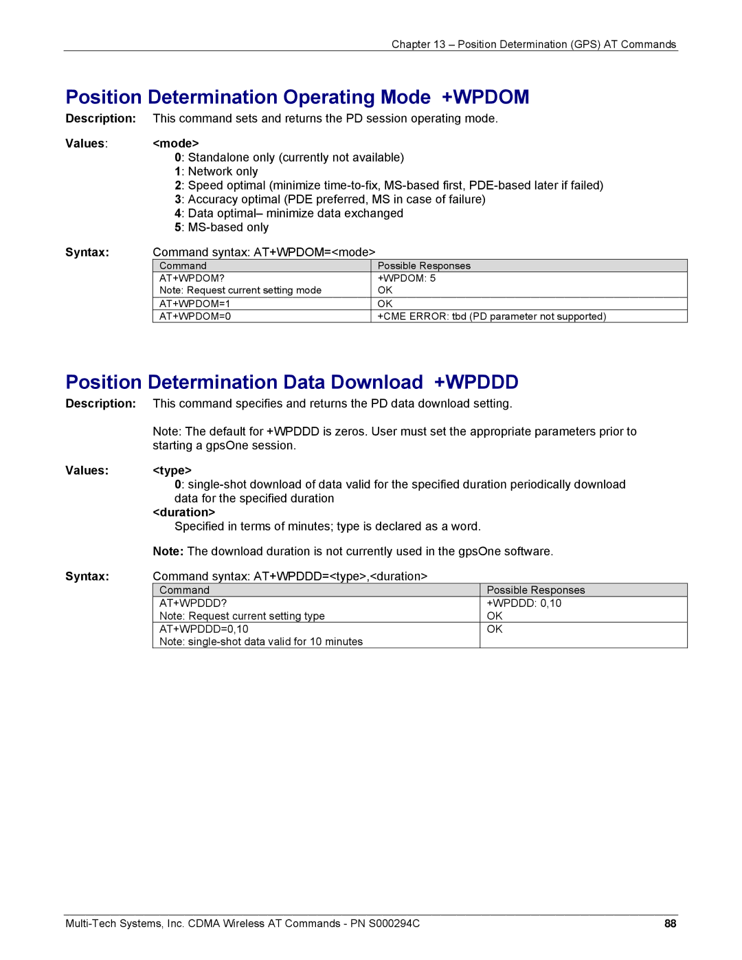 Multi-Tech Systems CDMA Wireless Modem manual Position Determination Operating Mode +WPDOM, Duration 