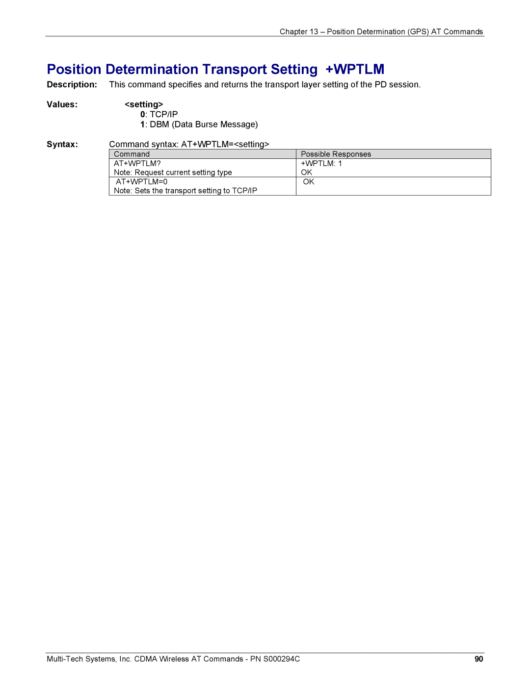 Multi-Tech Systems CDMA Wireless Modem manual Position Determination Transport Setting +WPTLM, Values Setting 