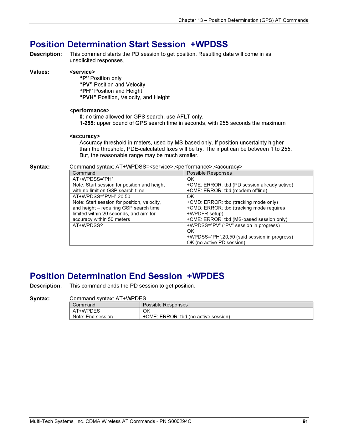 Multi-Tech Systems CDMA Wireless Modem Position Determination Start Session +WPDSS, Values Service, Performance, Accuracy 