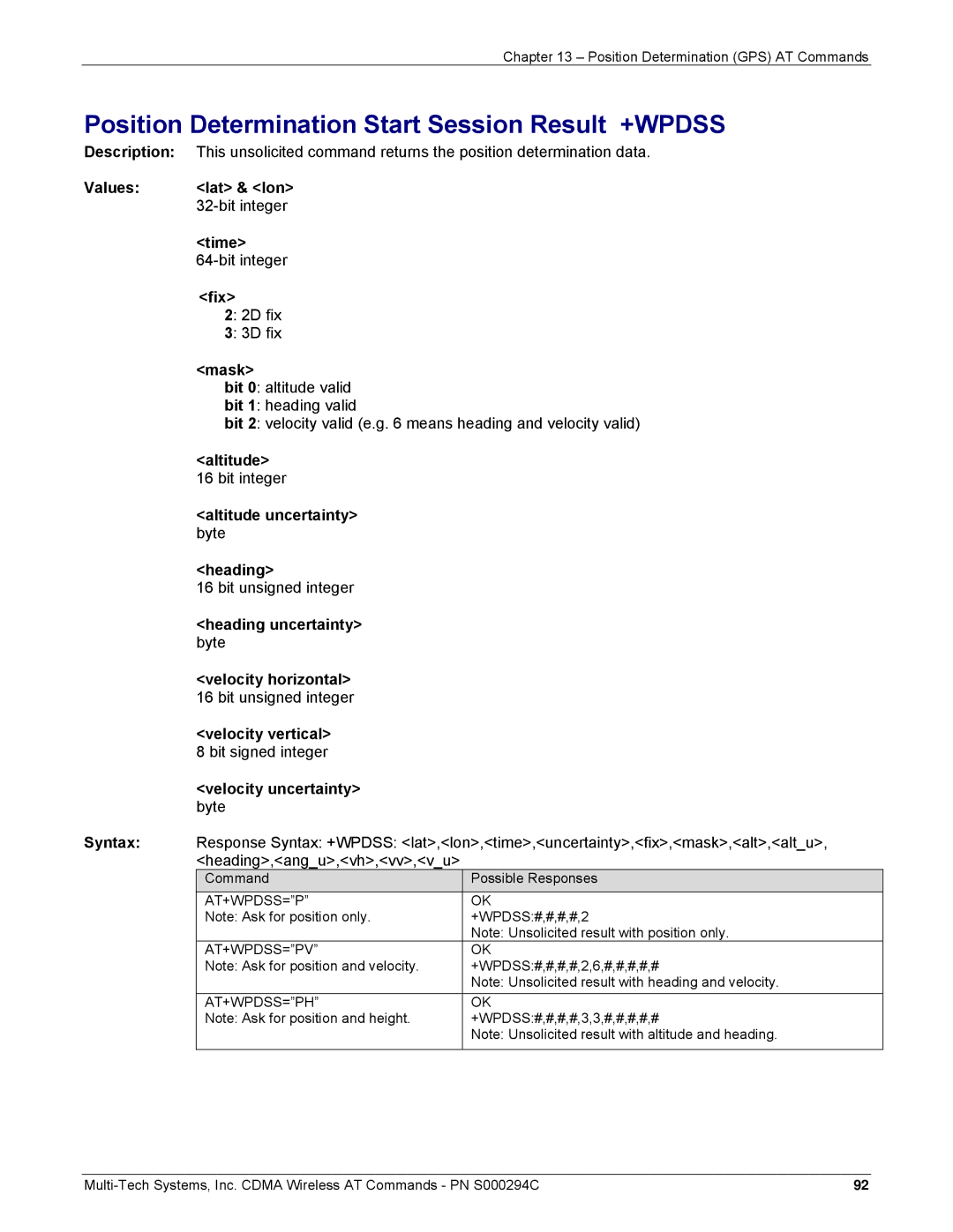 Multi-Tech Systems CDMA Wireless Modem manual Position Determination Start Session Result +WPDSS, At+Wpdss=Pv 