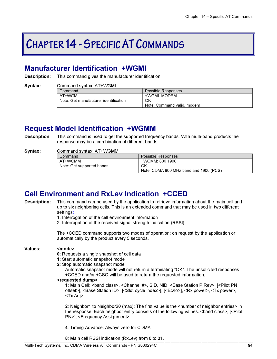 Multi-Tech Systems CDMA Wireless Modem manual Manufacturer Identification +WGMI, Request Model Identification +WGMM 