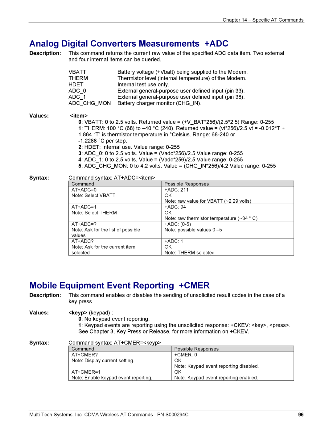 Multi-Tech Systems CDMA Wireless Modem Analog Digital Converters Measurements +ADC, Mobile Equipment Event Reporting +CMER 