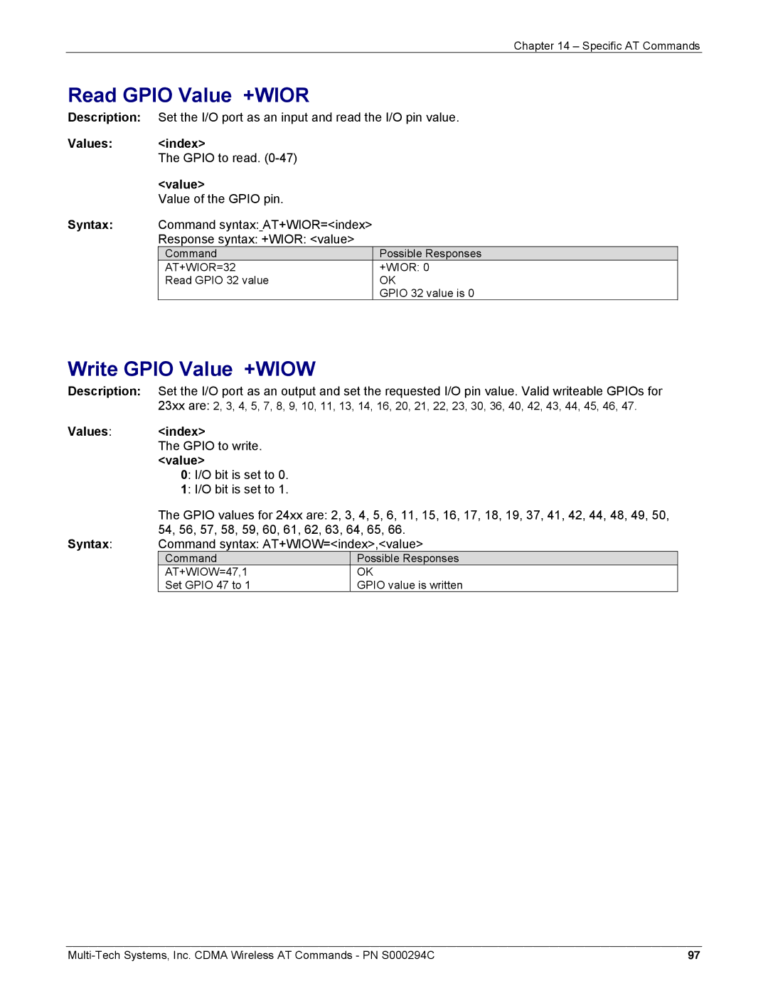 Multi-Tech Systems CDMA Wireless Modem manual Read Gpio Value +WIOR, Write Gpio Value +WIOW, Gpio to read, Gpio to write 