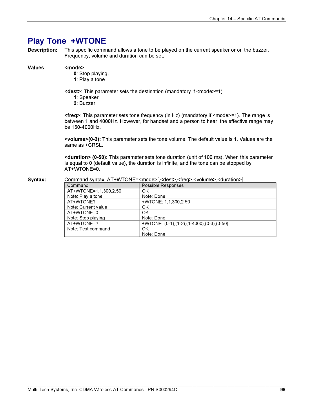 Multi-Tech Systems CDMA Wireless Modem manual Play Tone +WTONE, At+Wtone?, AT+WTONE=0 AT+WTONE=? 