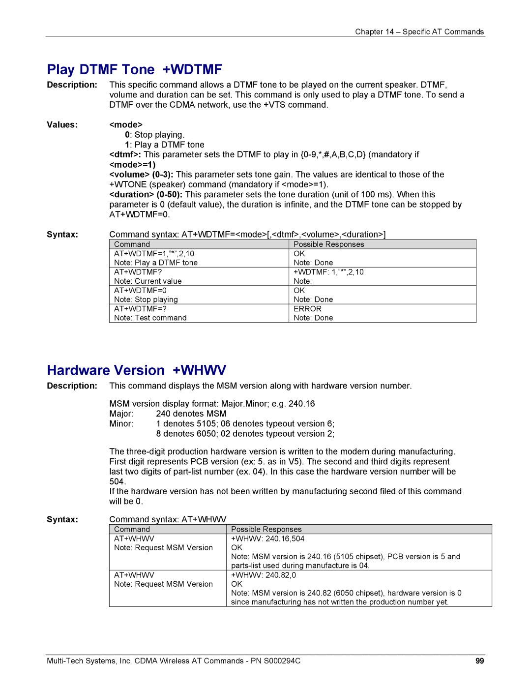 Multi-Tech Systems CDMA Wireless Modem manual Play Dtmf Tone +WDTMF, Hardware Version +WHWV, Mode=1 