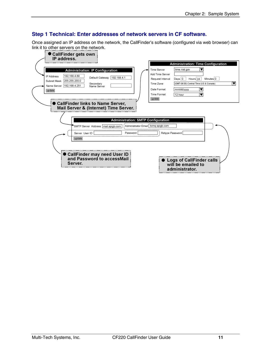 Multi-Tech Systems CF220 manual Technical Enter addresses of network servers in CF software, CallFinder gets own IP address 