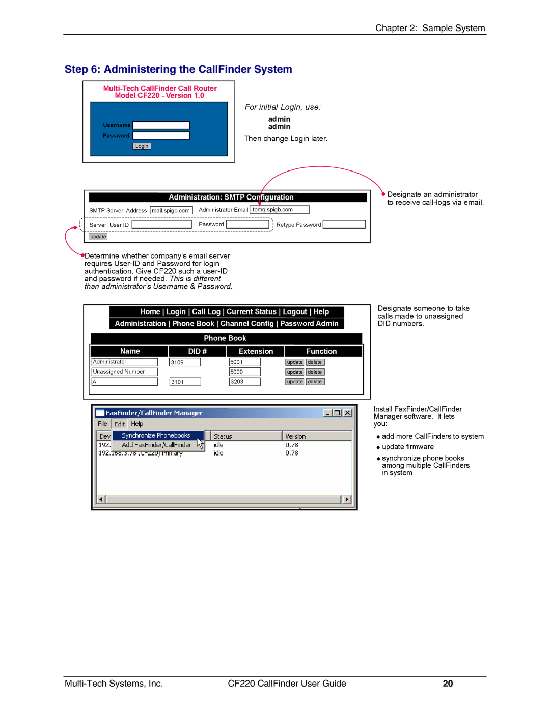 Multi-Tech Systems CF220 manual Administering the CallFinder System, For initial Login, use 