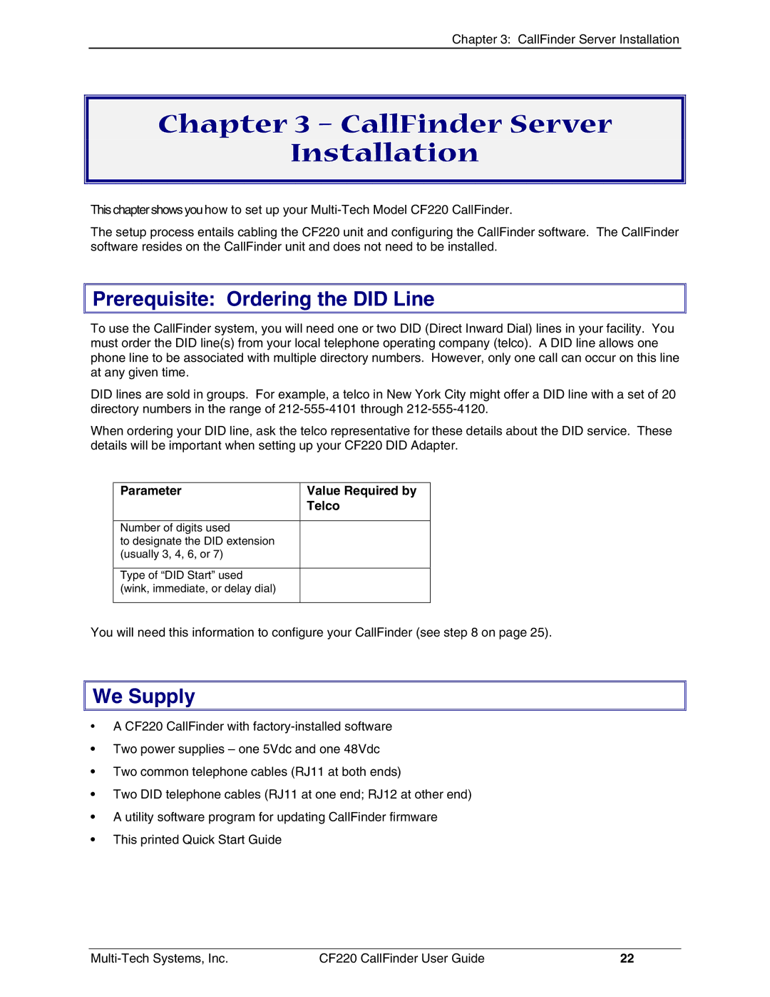 Multi-Tech Systems CF220 manual CallFinder Server Installation, We Supply 