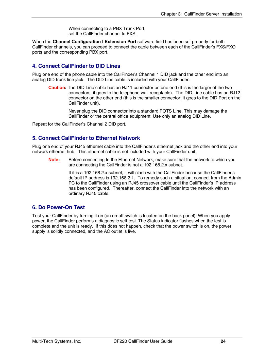 Multi-Tech Systems CF220 manual Connect CallFinder to did Lines, Connect CallFinder to Ethernet Network, Do Power-On Test 