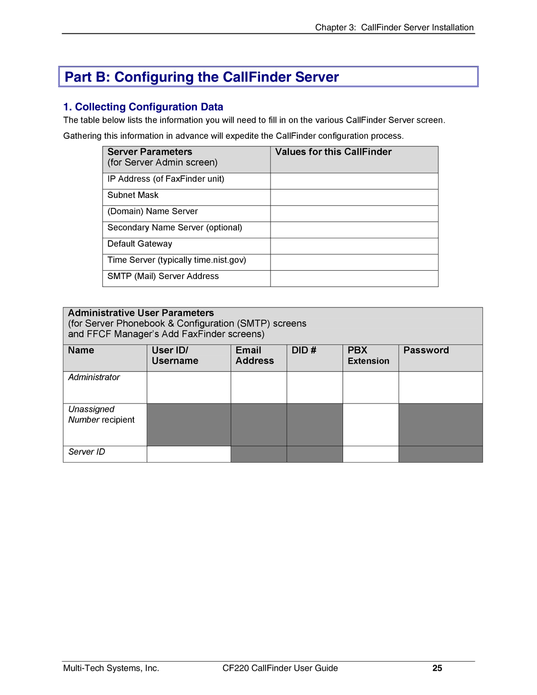 Multi-Tech Systems CF220 manual Part B Configuring the CallFinder Server, Collecting Configuration Data 