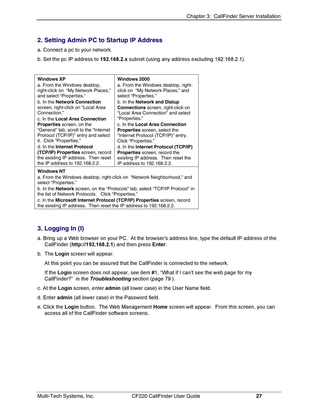 Multi-Tech Systems CF220 manual Setting Admin PC to Startup IP Address, Logging 