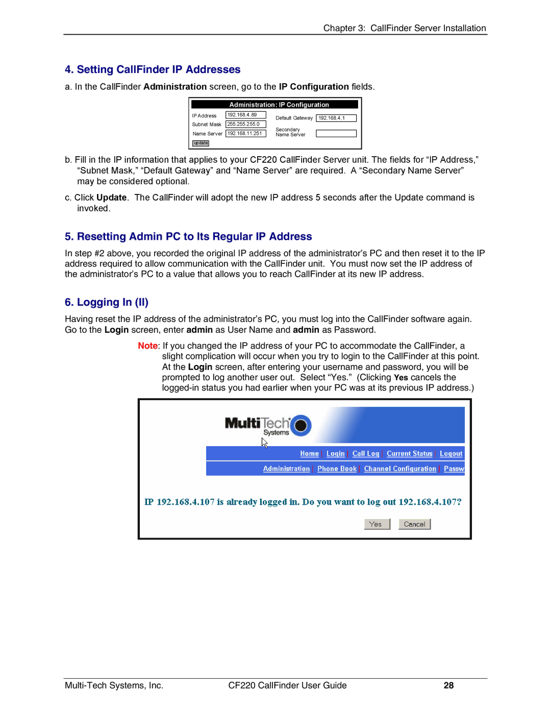 Multi-Tech Systems CF220 manual Setting CallFinder IP Addresses, Resetting Admin PC to Its Regular IP Address 