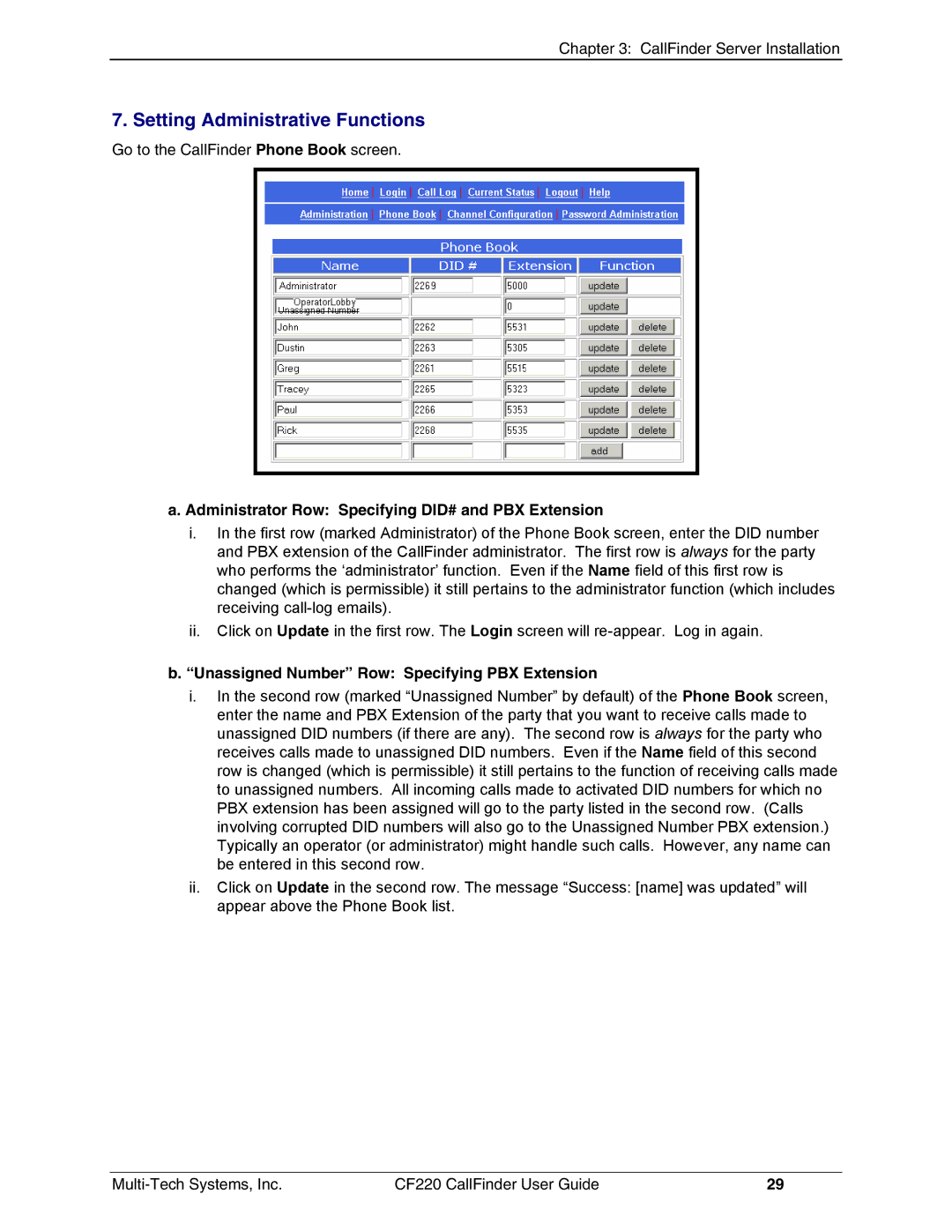 Multi-Tech Systems CF220 manual Setting Administrative Functions, Administrator Row Specifying DID# and PBX Extension 