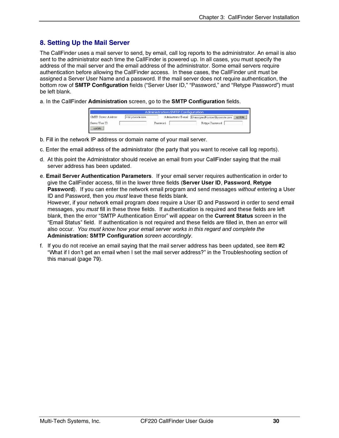 Multi-Tech Systems CF220 manual Setting Up the Mail Server 