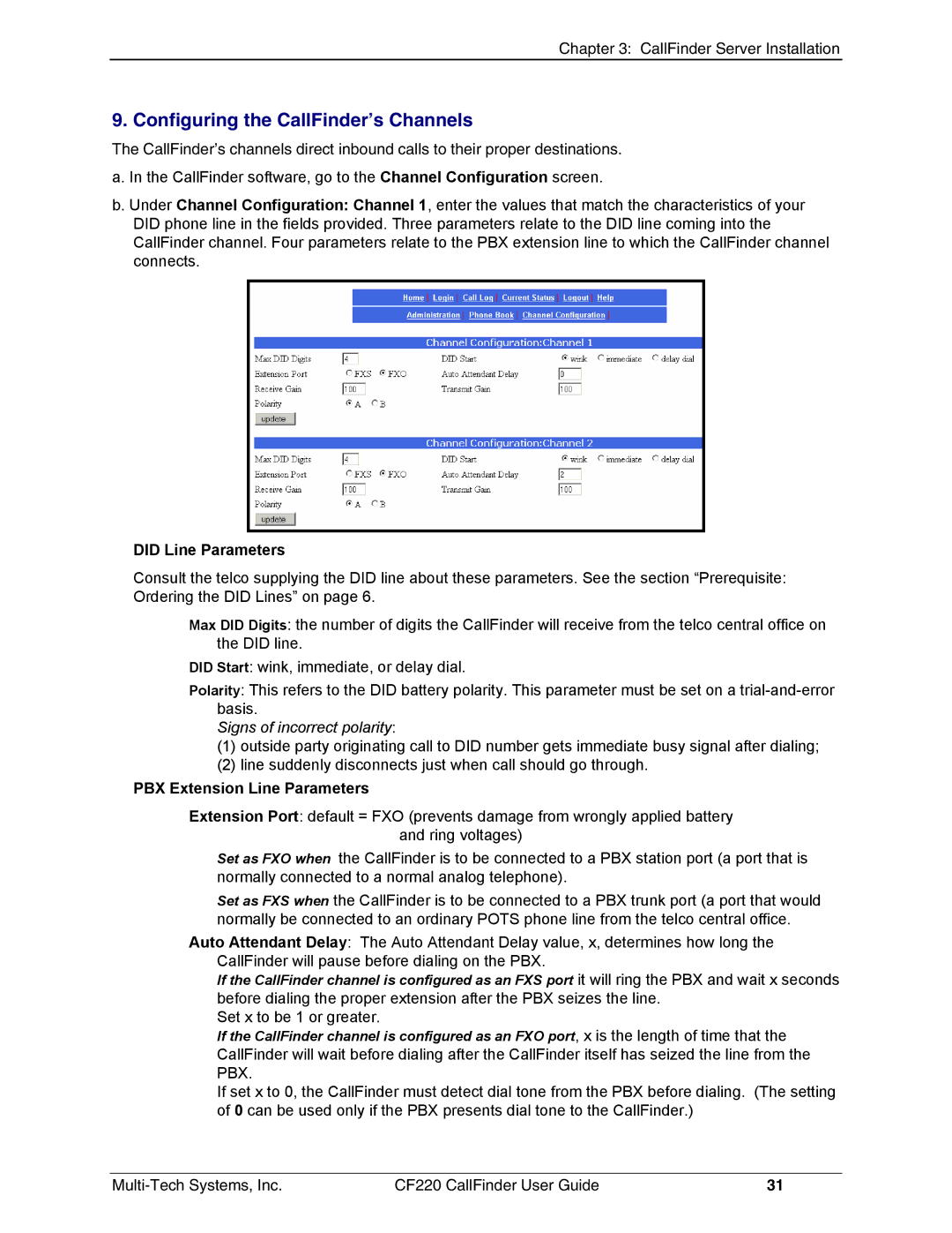 Multi-Tech Systems CF220 manual Configuring the CallFinder’s Channels, Did Line Parameters 