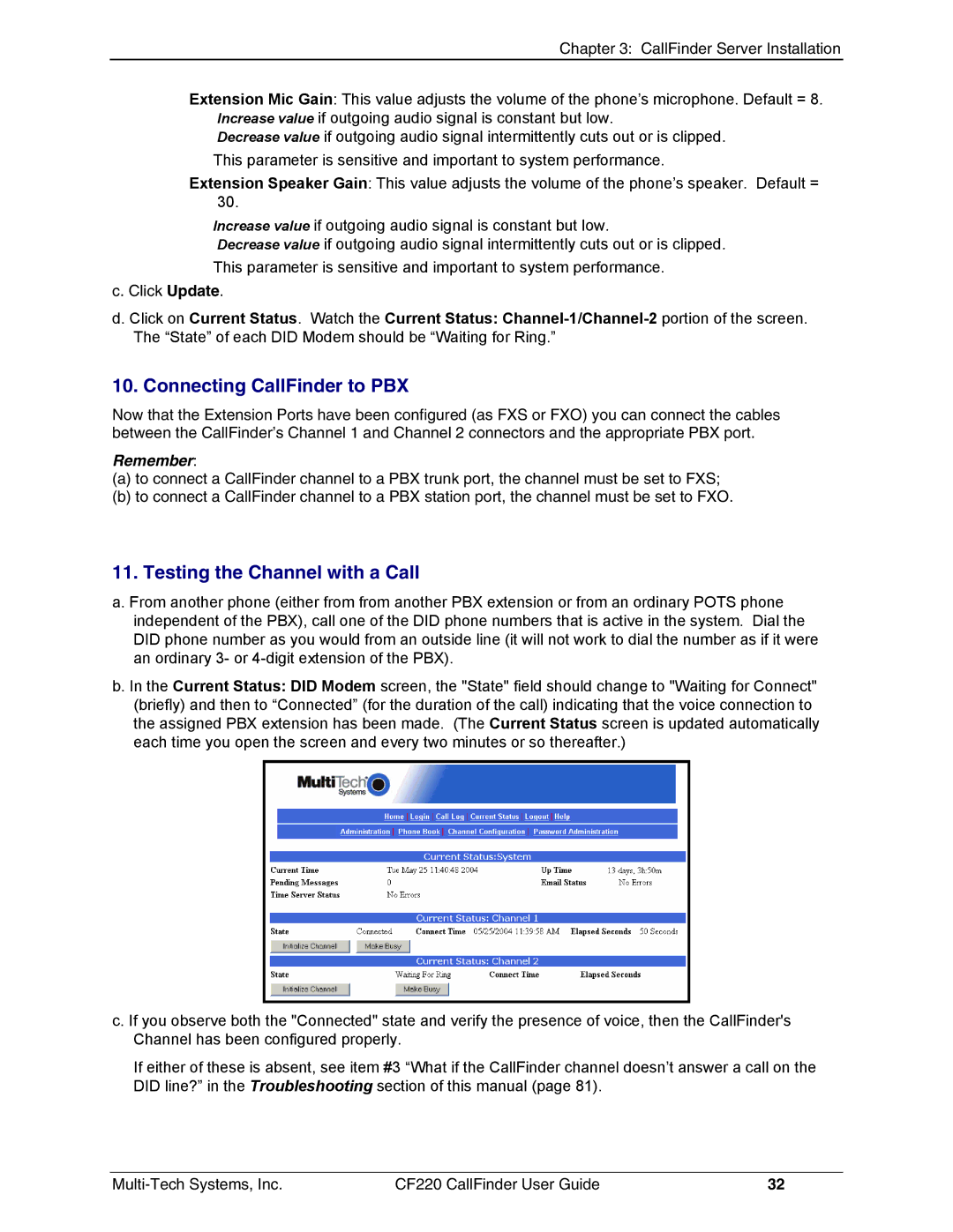 Multi-Tech Systems CF220 manual Connecting CallFinder to PBX, Testing the Channel with a Call 