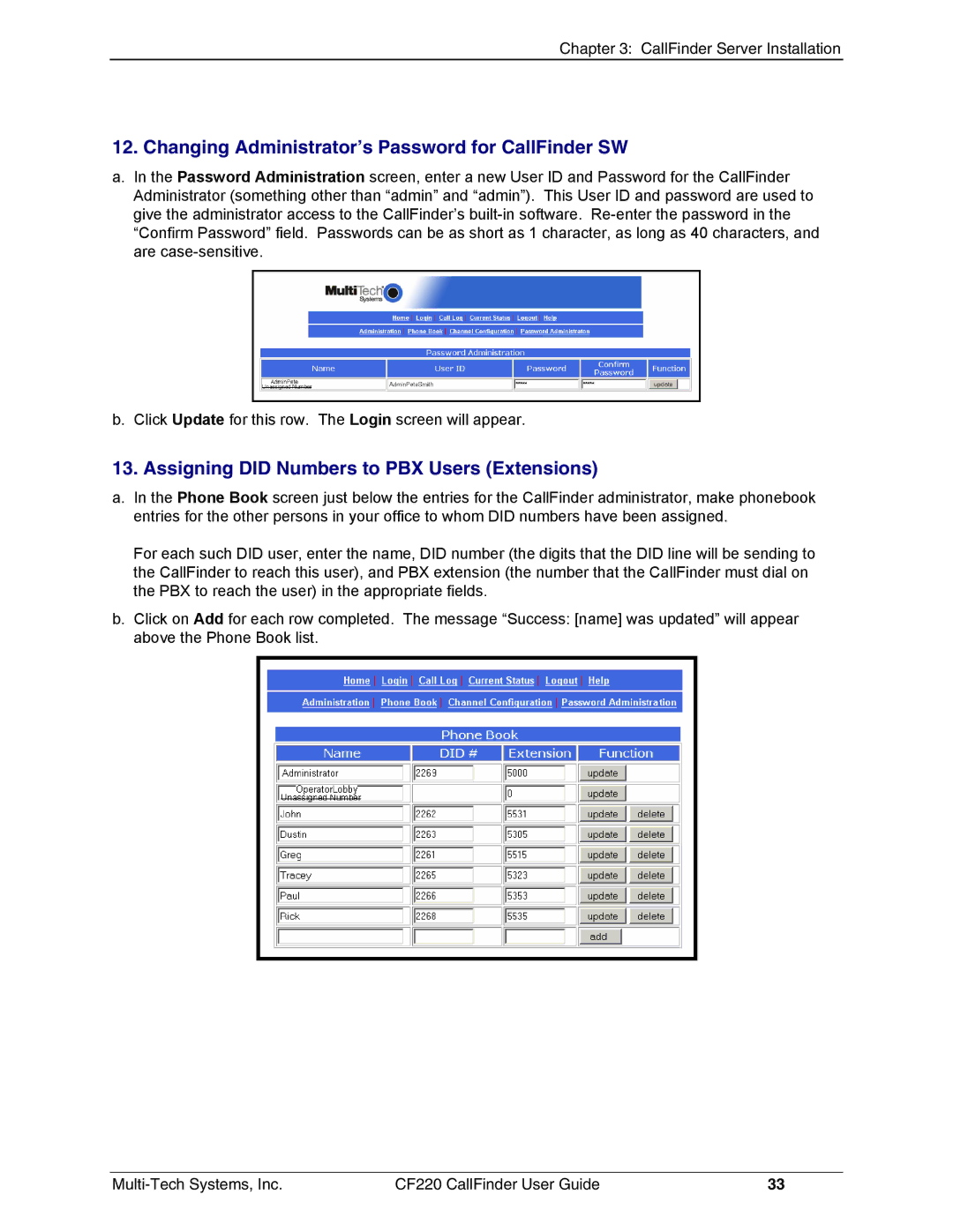 Multi-Tech Systems CF220 manual Changing Administrator’s Password for CallFinder SW 