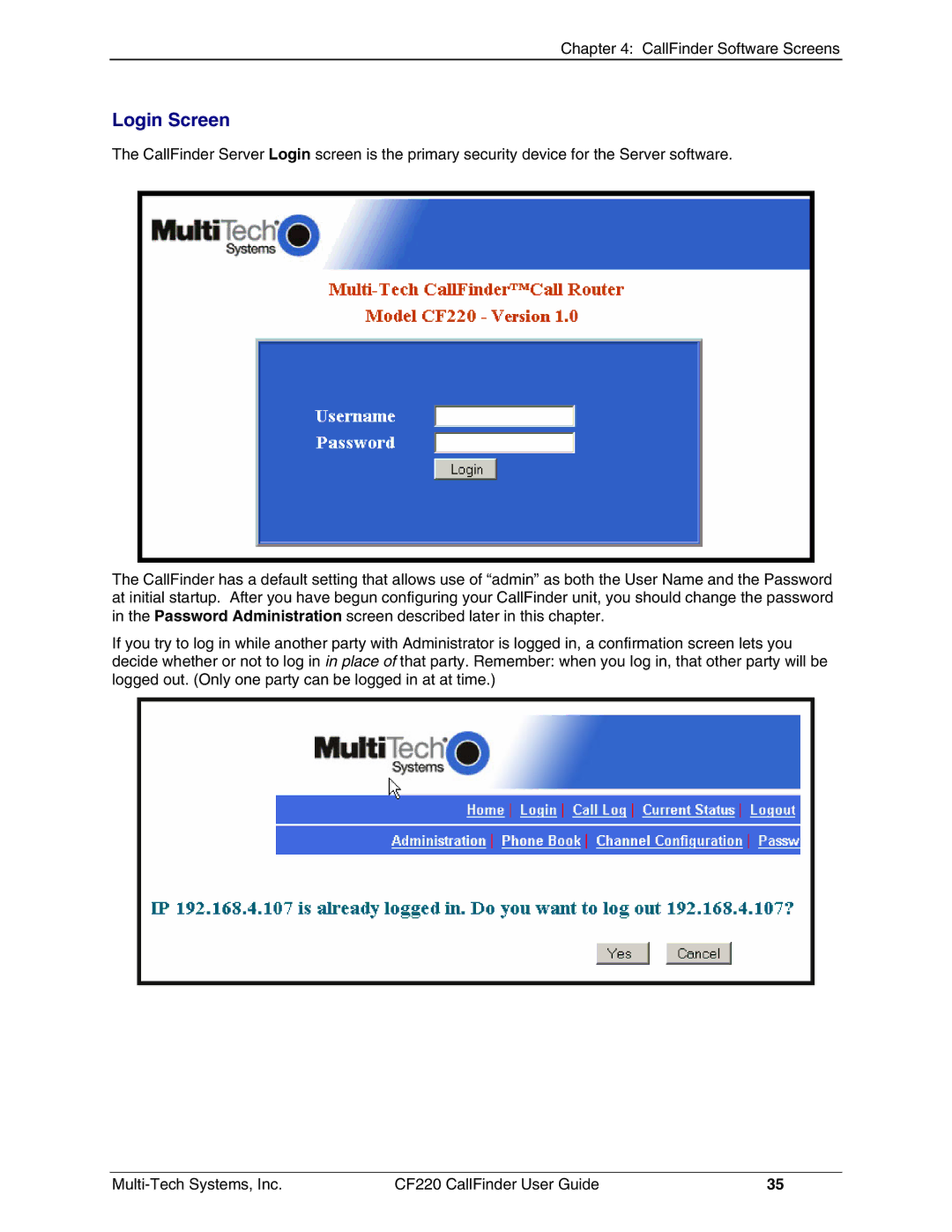 Multi-Tech Systems CF220 manual Login Screen 