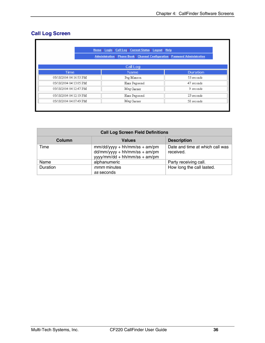 Multi-Tech Systems CF220 manual Call Log Screen Field Definitions Column Values Description 