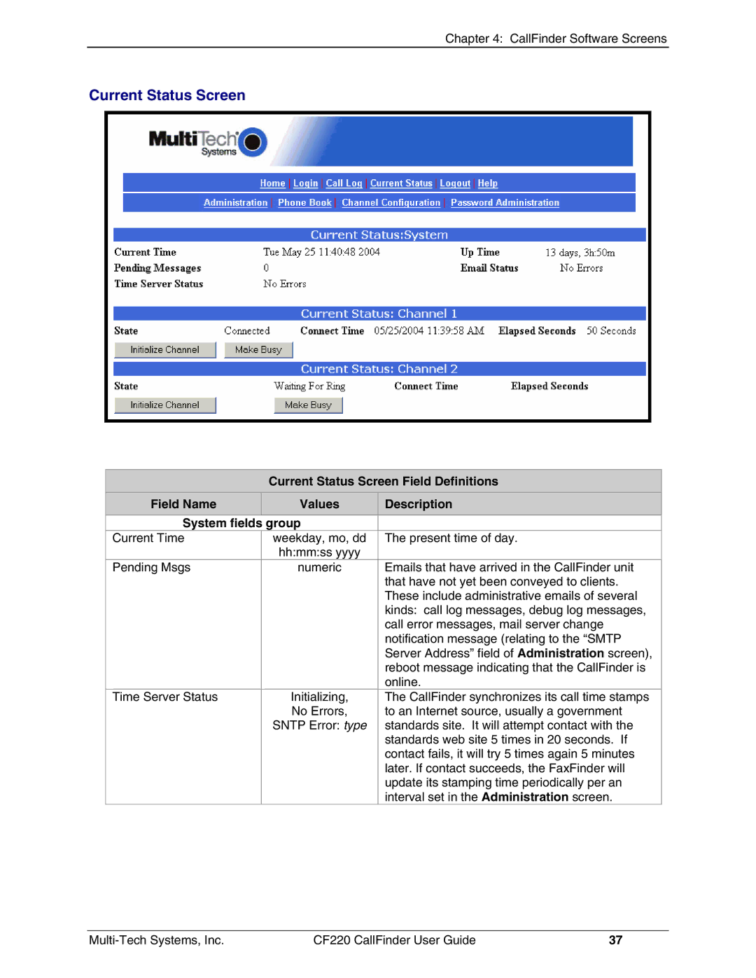 Multi-Tech Systems CF220 manual Current Status Screen 