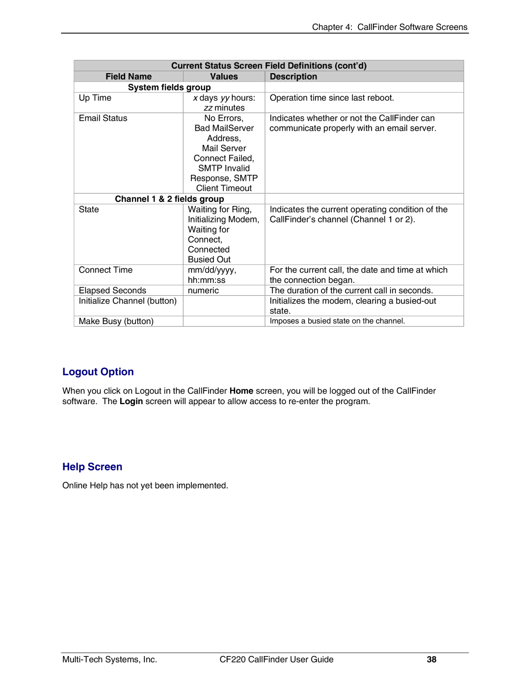 Multi-Tech Systems CF220 manual Logout Option, Help Screen, Channel 1 & 2 fields group 