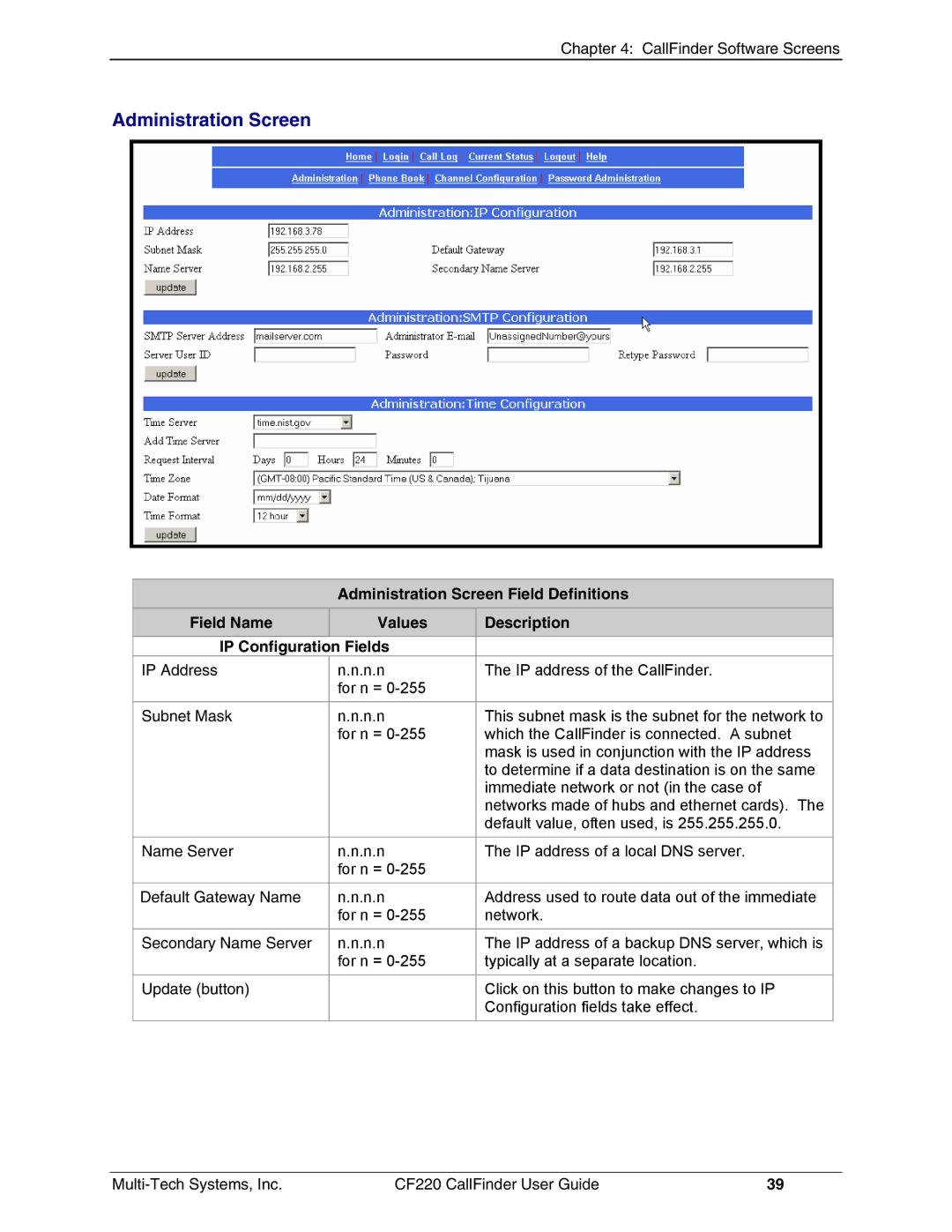 Multi-Tech Systems CF220 manual Administration Screen 