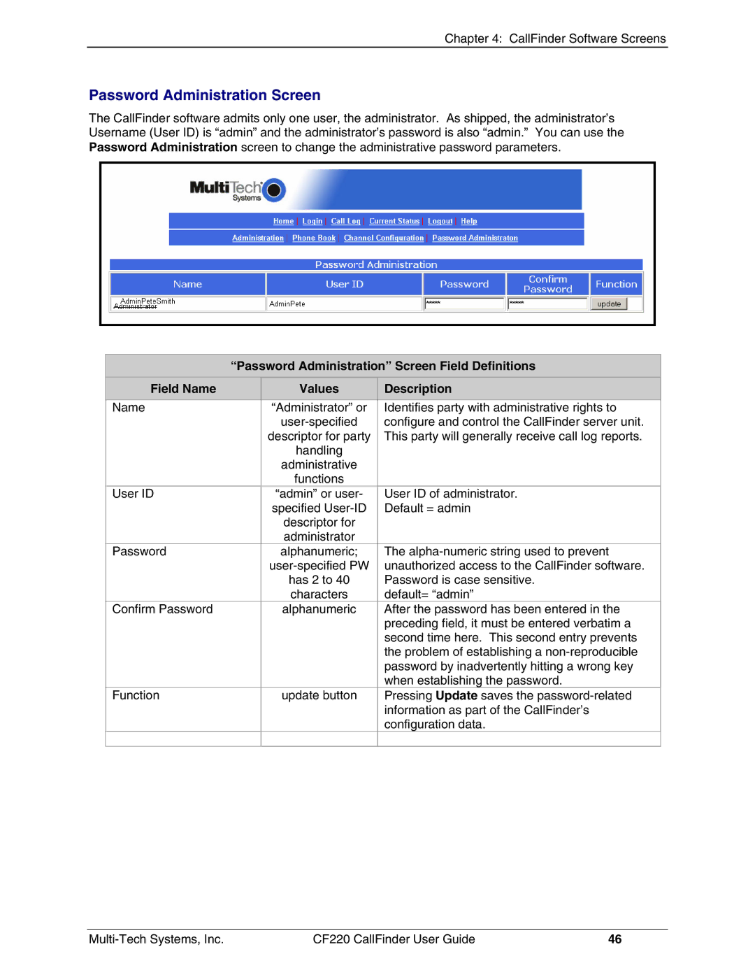 Multi-Tech Systems CF220 manual Password Administration Screen 