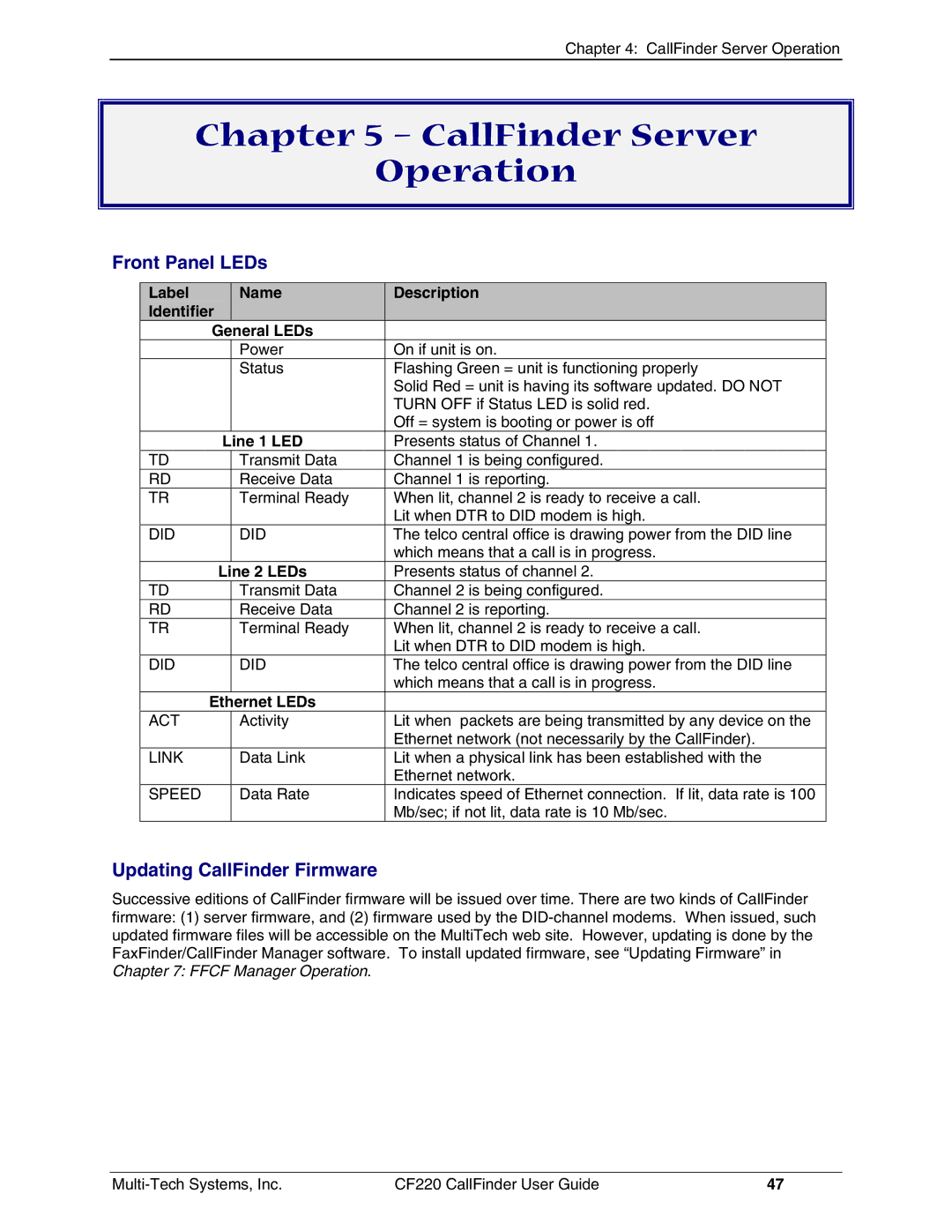 Multi-Tech Systems CF220 manual CallFinder Server Operation, Front Panel LEDs, Updating CallFinder Firmware 