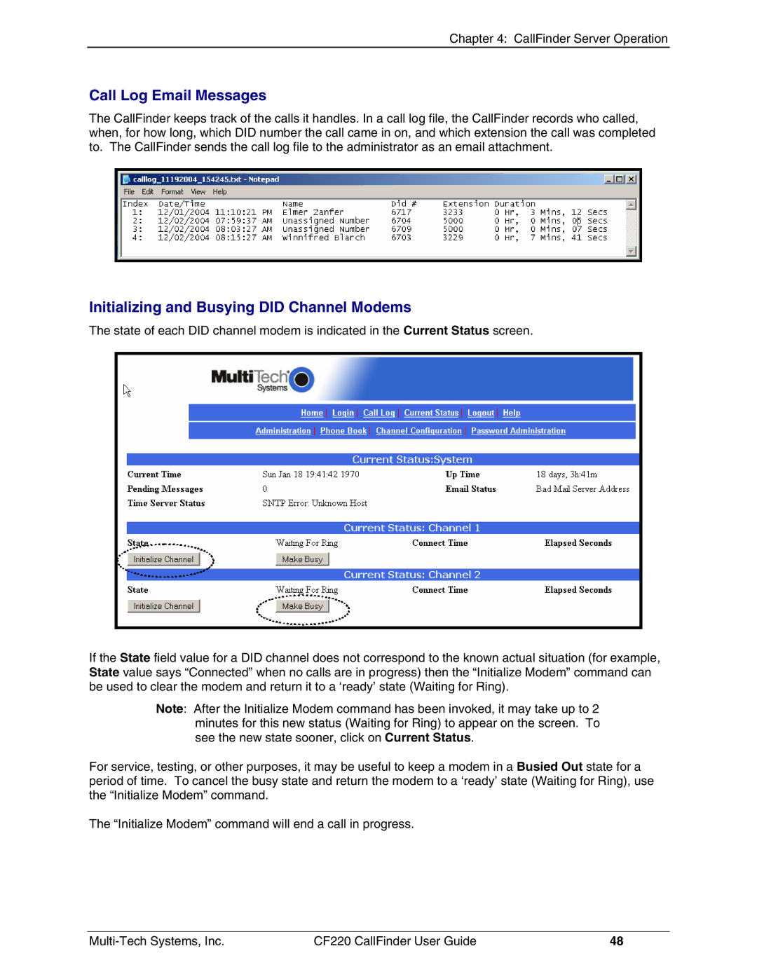 Multi-Tech Systems CF220 manual Call Log Email Messages, Initializing and Busying did Channel Modems 