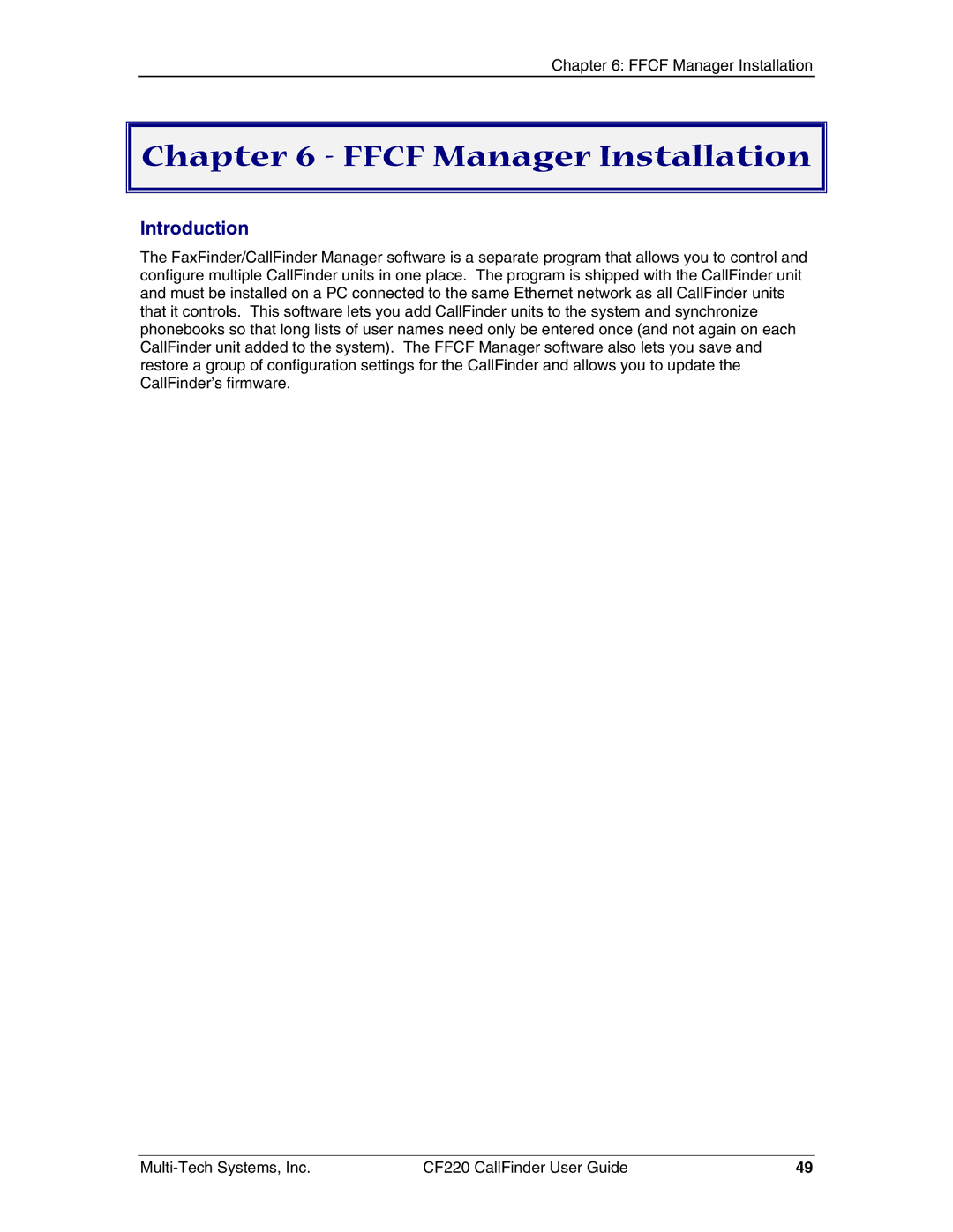 Multi-Tech Systems CF220 manual Ffcf Manager Installation 