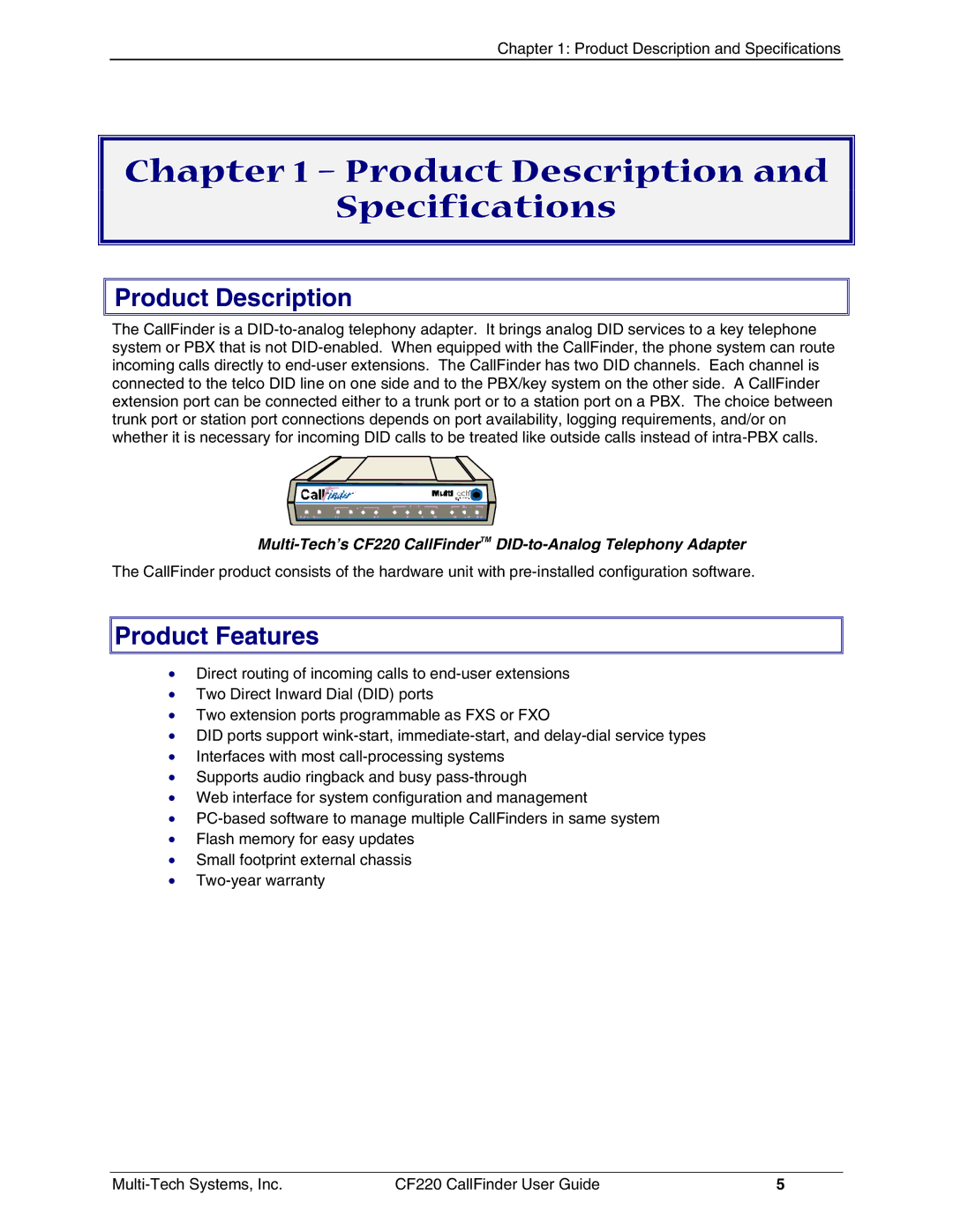 Multi-Tech Systems CF220 manual Product Description Specifications, Product Features 