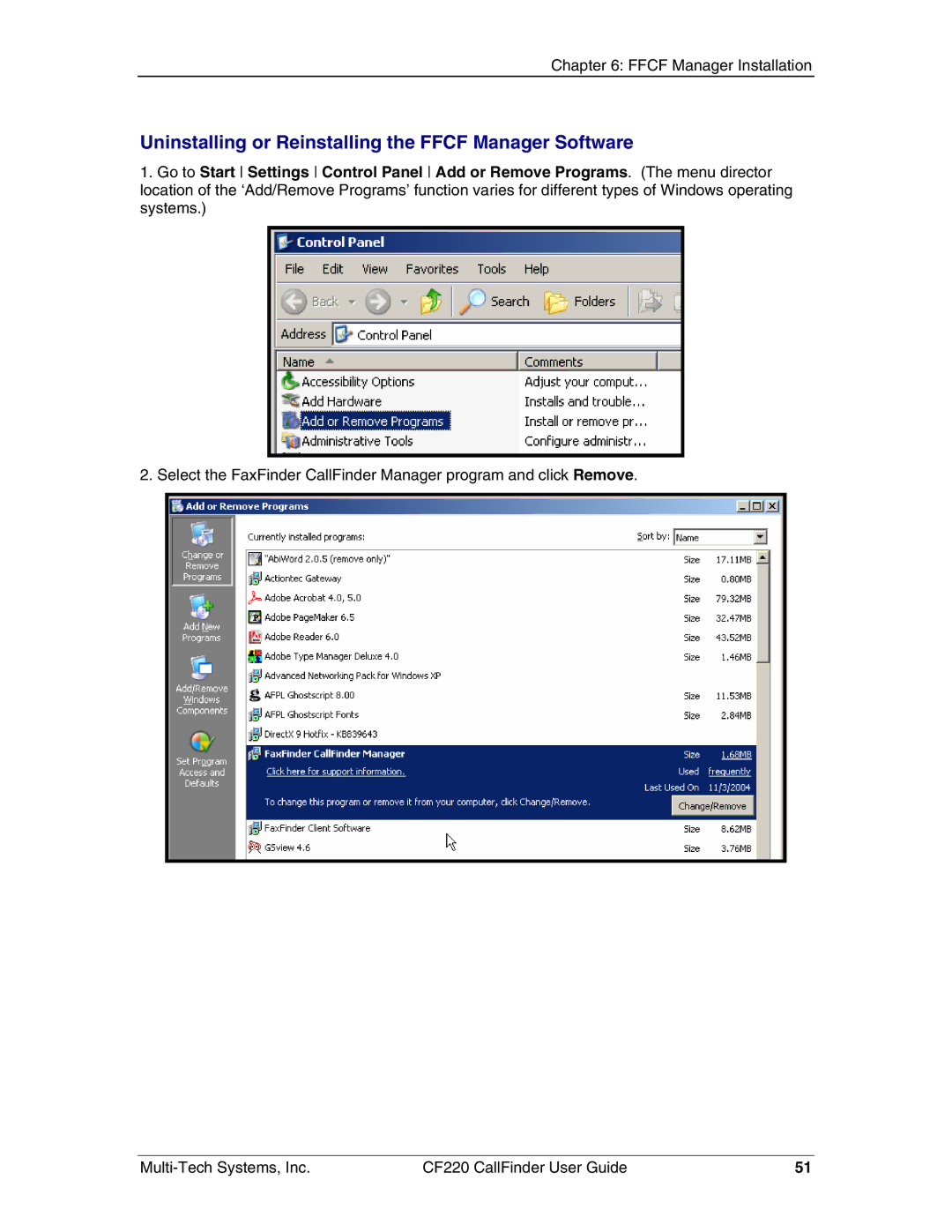 Multi-Tech Systems CF220 manual Uninstalling or Reinstalling the Ffcf Manager Software 