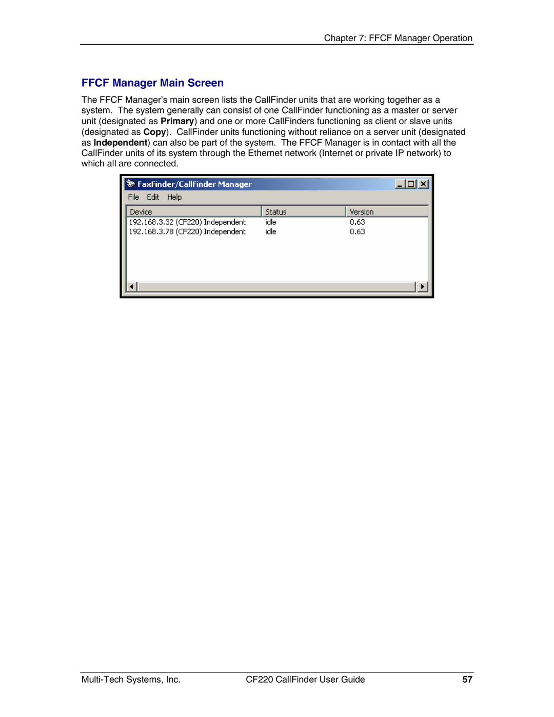 Multi-Tech Systems CF220 manual Ffcf Manager Main Screen 