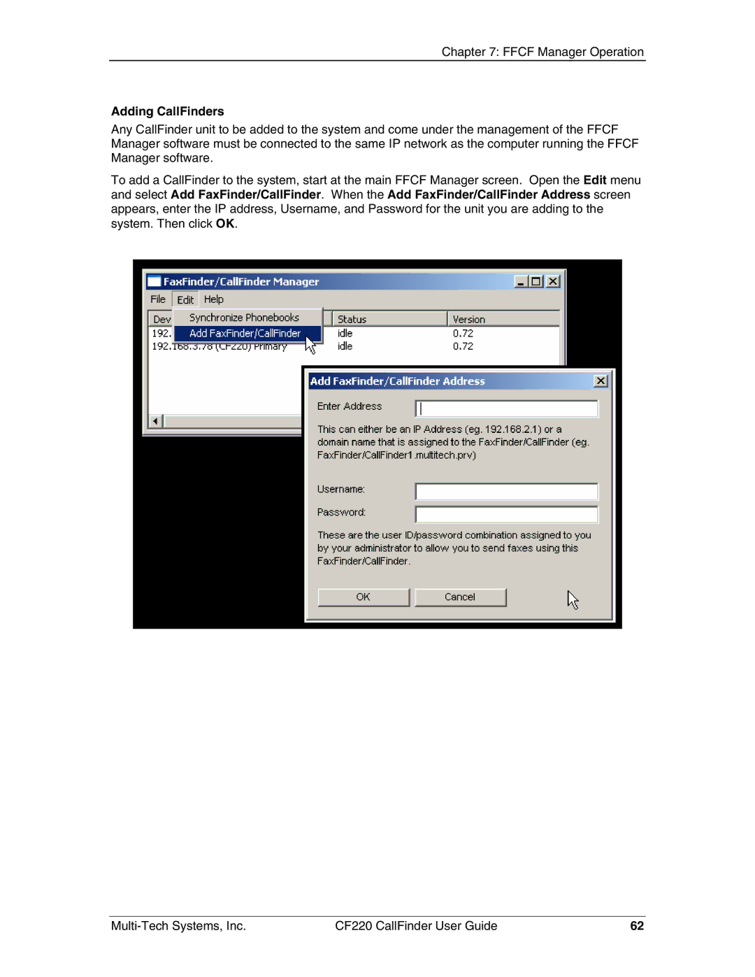 Multi-Tech Systems CF220 manual Adding CallFinders 