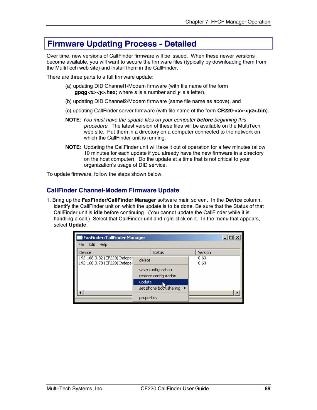 Multi-Tech Systems CF220 manual Firmware Updating Process Detailed, CallFinder Channel-Modem Firmware Update 