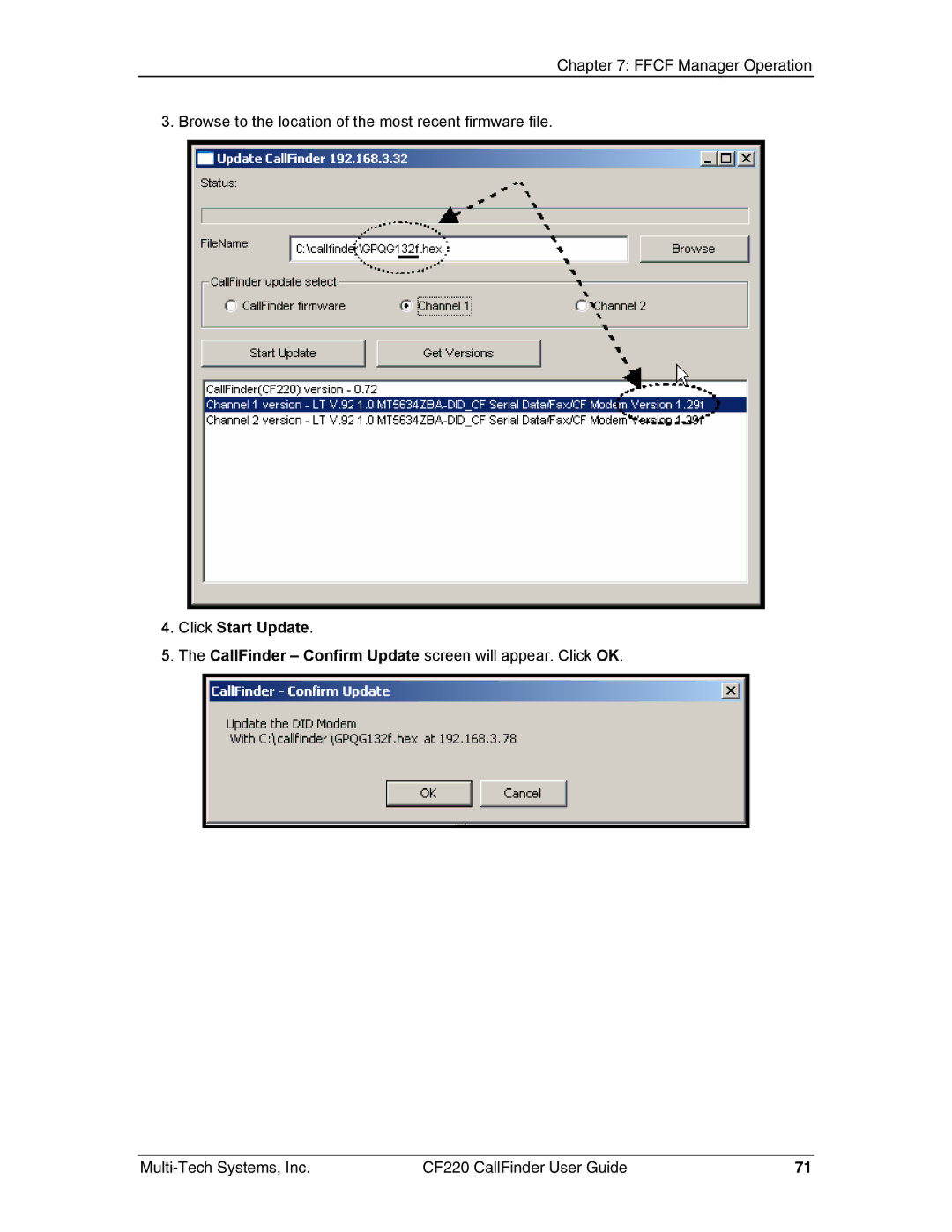 Multi-Tech Systems CF220 manual Click Start Update 