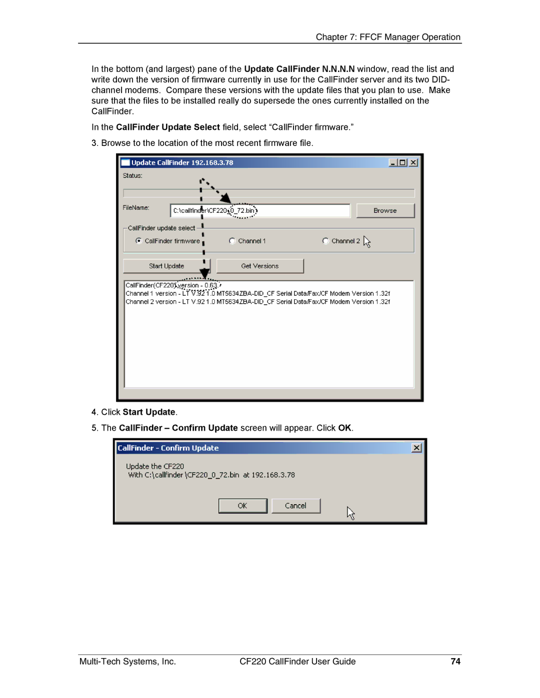 Multi-Tech Systems CF220 manual Click Start Update 